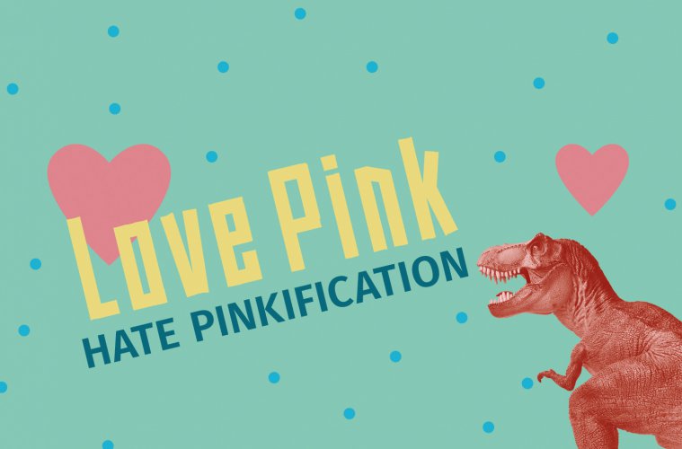 Kampagnenpostkarte: zwei rosa Herzen und die Aufschrift: Love Pink. Hate Pinkification.  Rechts befindet sich ein pinker Tyrannosaurus Rex.