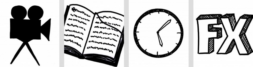 Vier Zeichnungen nebeneinander: eine Filmkamera, ein Buch, eine Uhr und die beiden Buchstaben: FX.